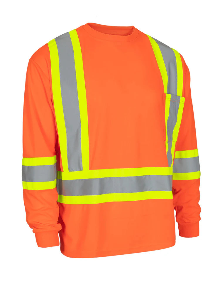 Forcefield Hi Vis Crew Neck Long Sleeve Safety Tee with Chest Pocket