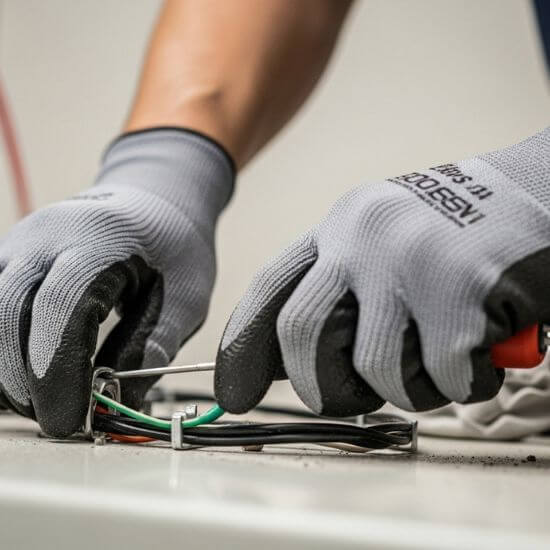 A pair of durable, professional-grade work gloves gripping a tool in an industrial workshop.
