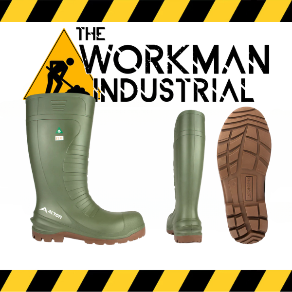A pair of green 'Acton' all-terrain 15-inch PU rubber boots with a black and yellow self-cleaning outsole, alongside a pair of boots without the outsole showcasing the inner material and sole.