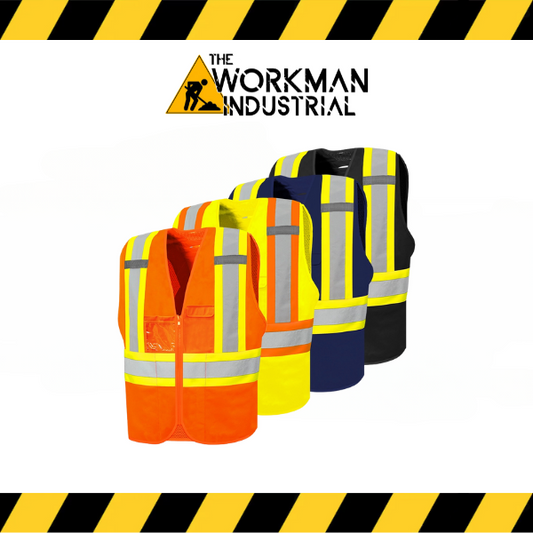 A set of four high-visibility safety vests in orange, yellow, blue, and black, featuring reflective tape and zipper front closure, positioned against a white background with yellow and black stripes.