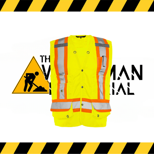 Ground Force Deluxe Surveyor Vest with 17 pockets in high-visibility orange/yellow.