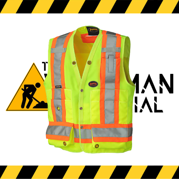 Pioneer 17-pocket hi-viz surveyor's safety vest in fluorescent.