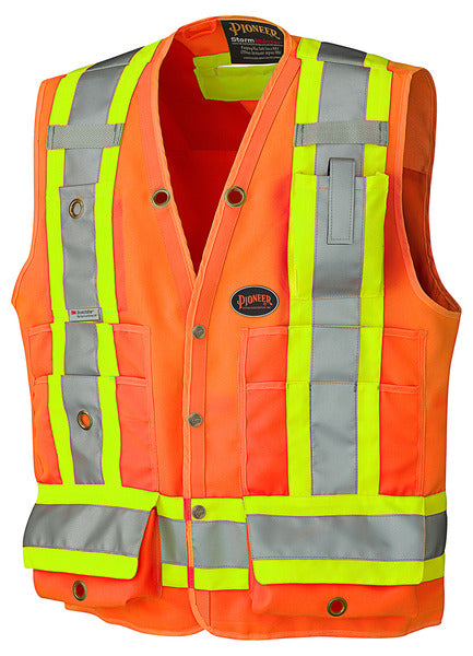 Pioneer 17-pocket hi-viz surveyor's safety vest in fluorescent.