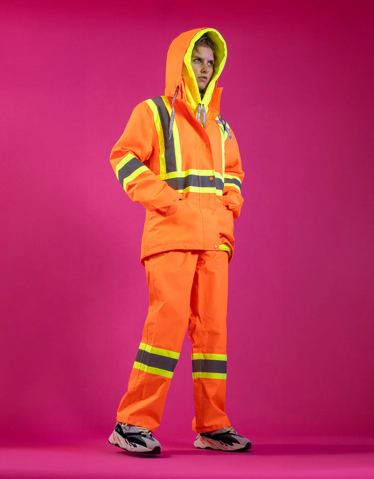 Forcefield Women's Hi Vis Safety Rain Jacket with Snap-Off Hood
