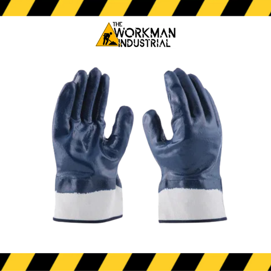 Heavy Weight Nitrile Fully Cotton Lined Blue Smooth Nitrile Coated Rough Finish Cuff Safety Gloves