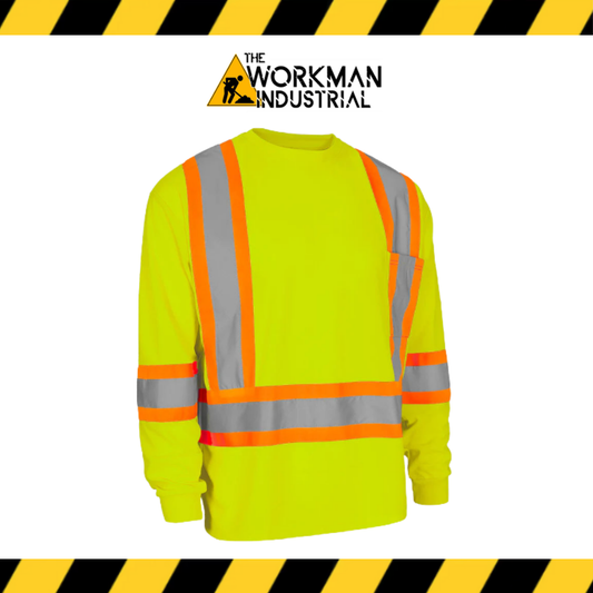 Forcefield Hi Vis Crew Neck Long Sleeve Safety Tee with Chest Pocket