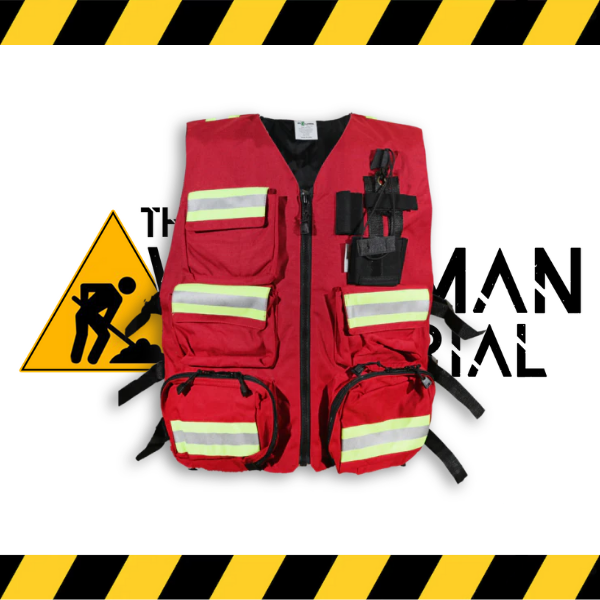 The red Big K first aid safety vest with multiple pockets.
