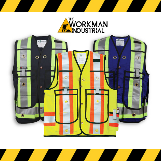 Big K hi-end surveyor safety vests in yellow, blue, and navy.