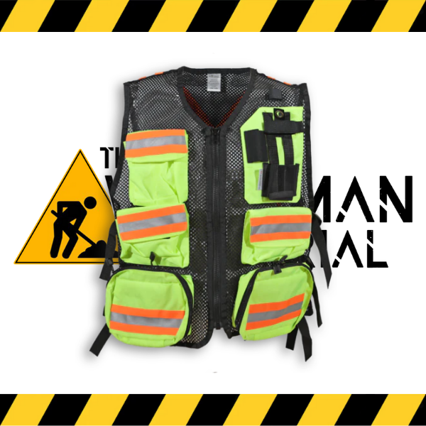 The lime Big K first aid safety vest with multiple pockets.